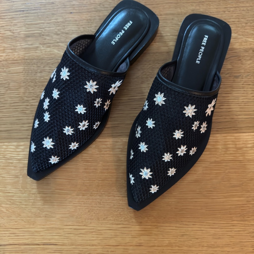 Free People Black Daisy Mesh Mules